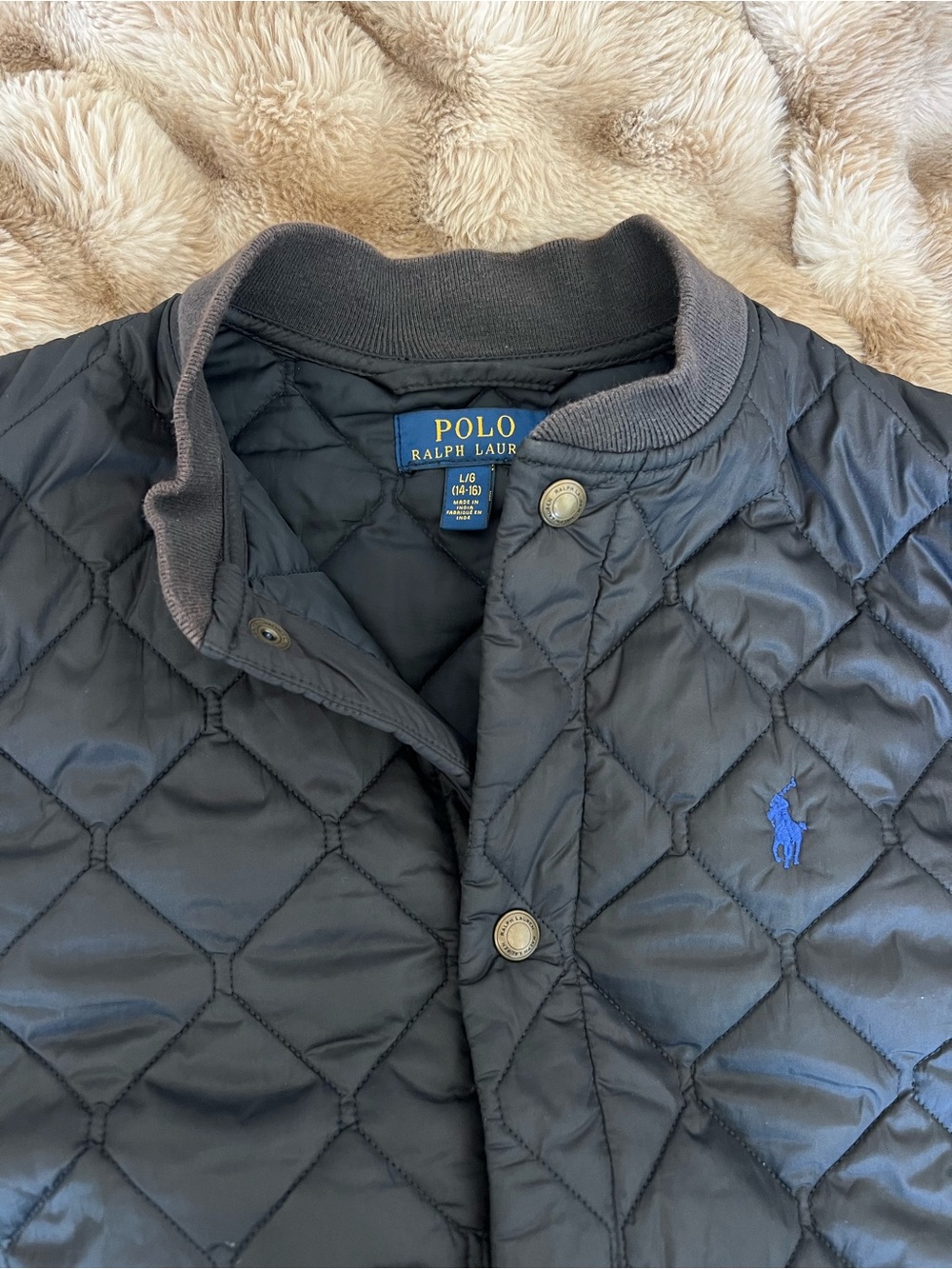 Polo by Ralph Lauren Navy Quilted Jacket with Blue Logo-Girls